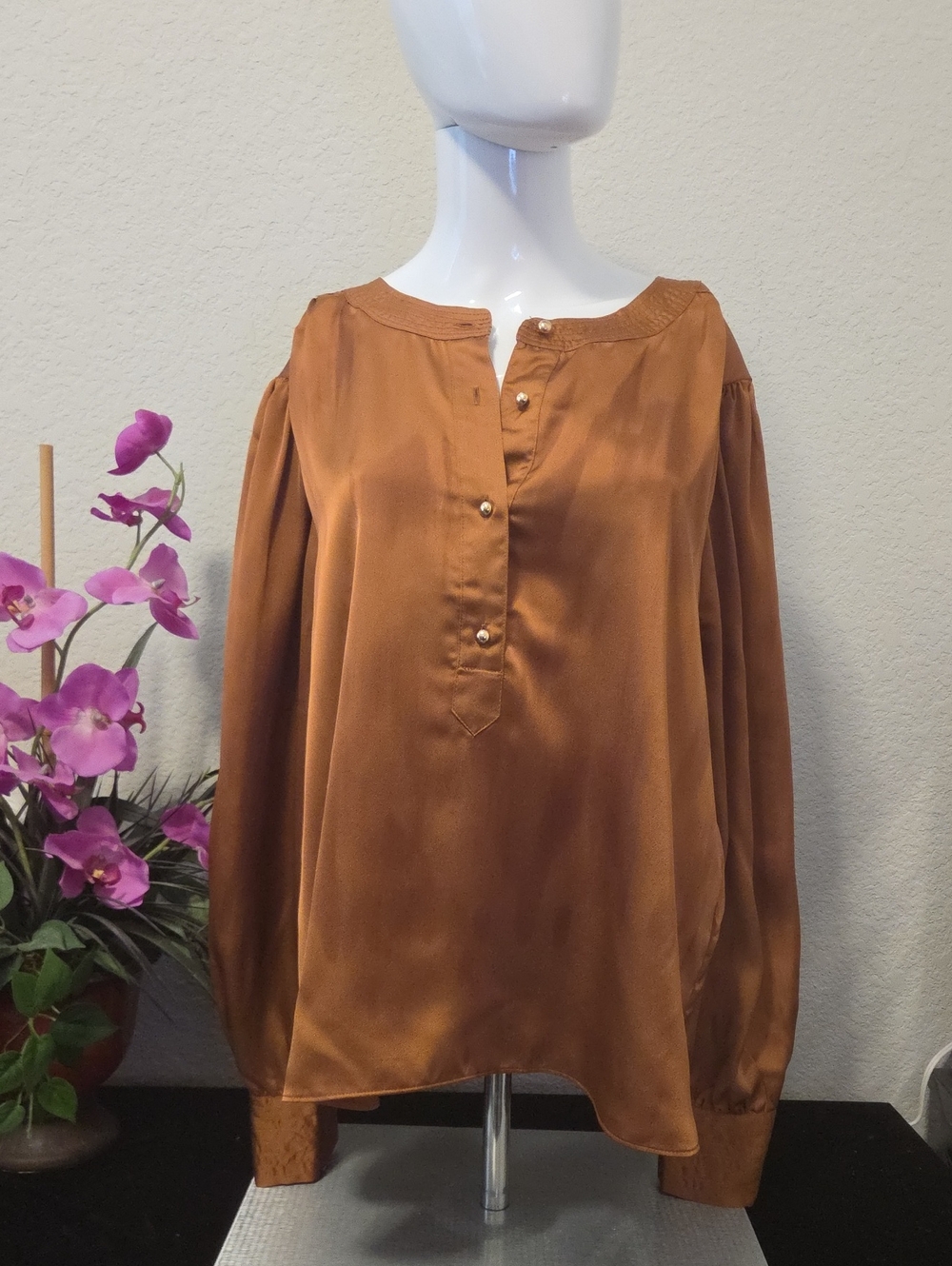 Ann Taylor Satin Henley Blouse in Copper Brown